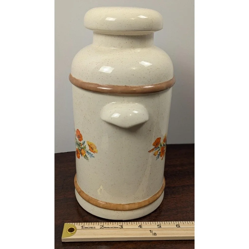 Vintage Ceramic Floral Canister Poppy Decal Speckled Glaze